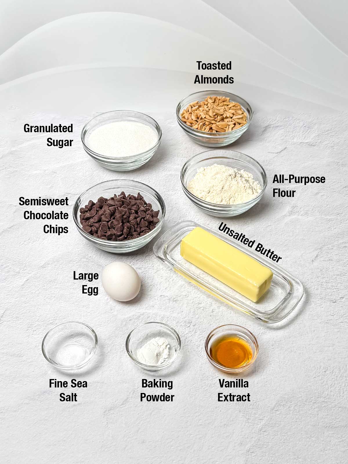 Ingredients for almond and chocolate sandwich cookies.