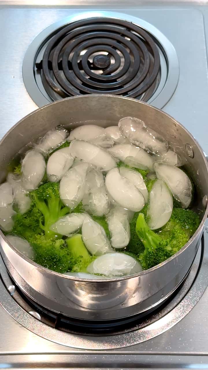 Broccoli in ice water to stop the cooking.