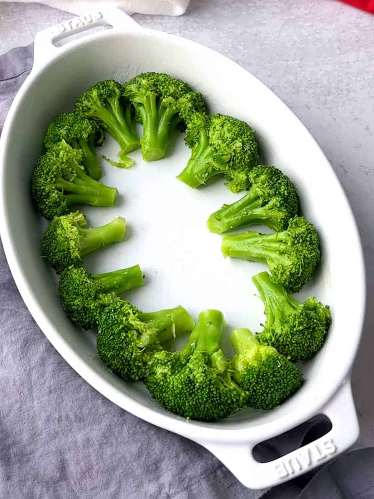 Broccoli in casserole dish.