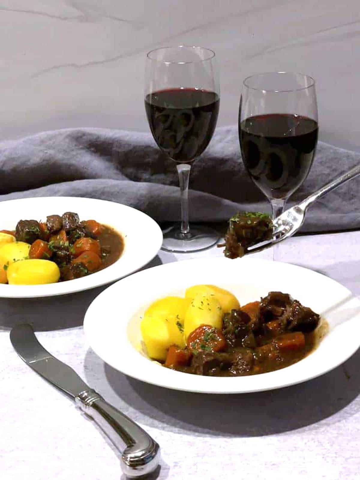 Beef Bourguignon with red wine.