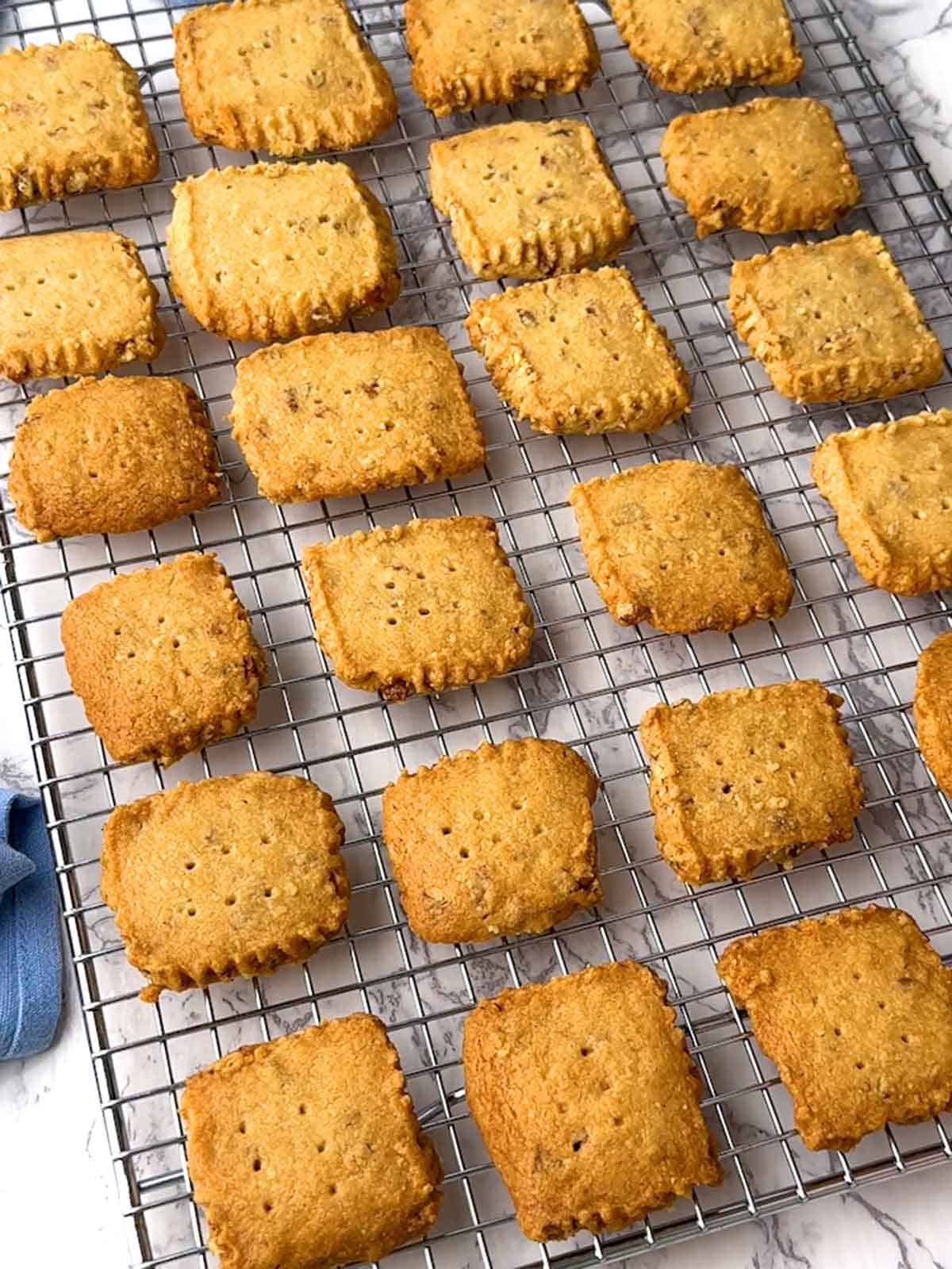 Shortbread cooling on a wire rack.