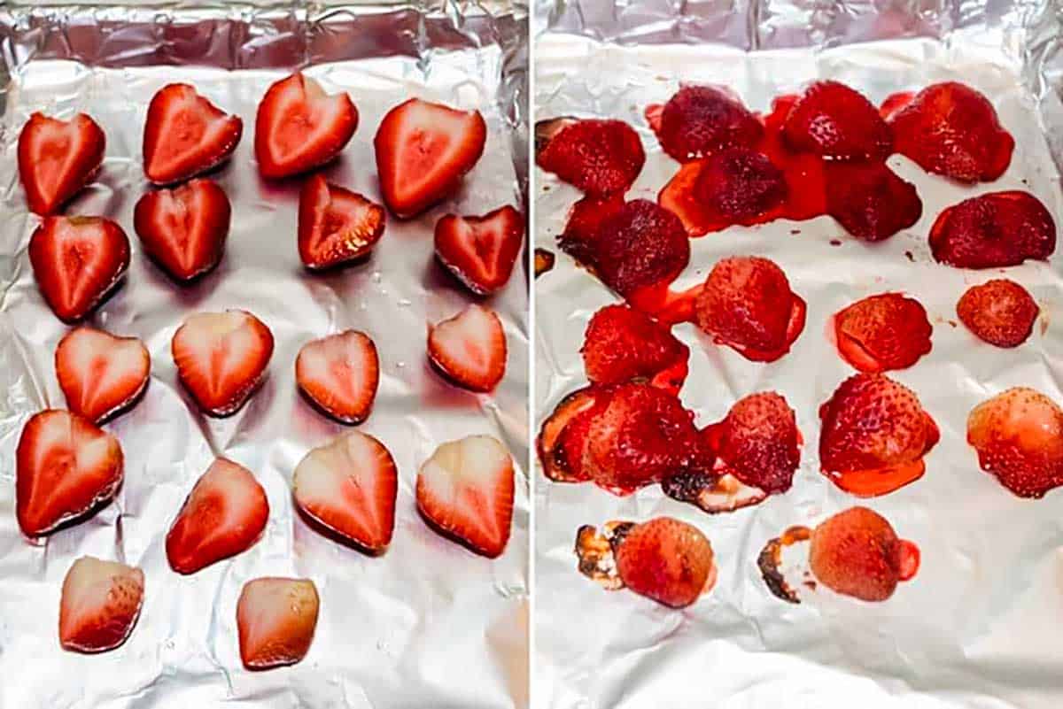 Strawberries on a baking sheet before roasting and after roasting.