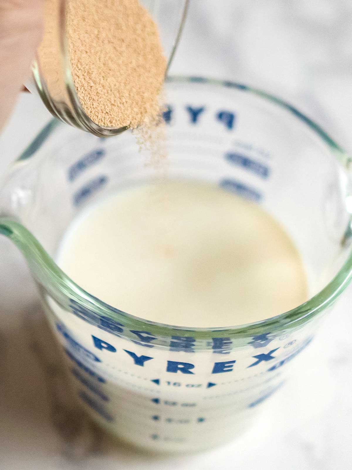 Adding yeast to the heated milk in a measuring cup.