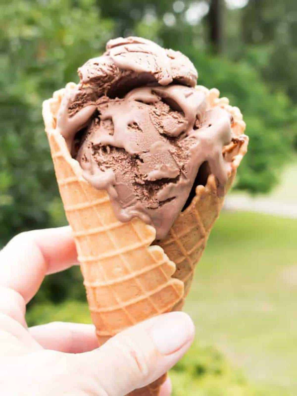 Chocolate Ice Cream in a waffle cone.