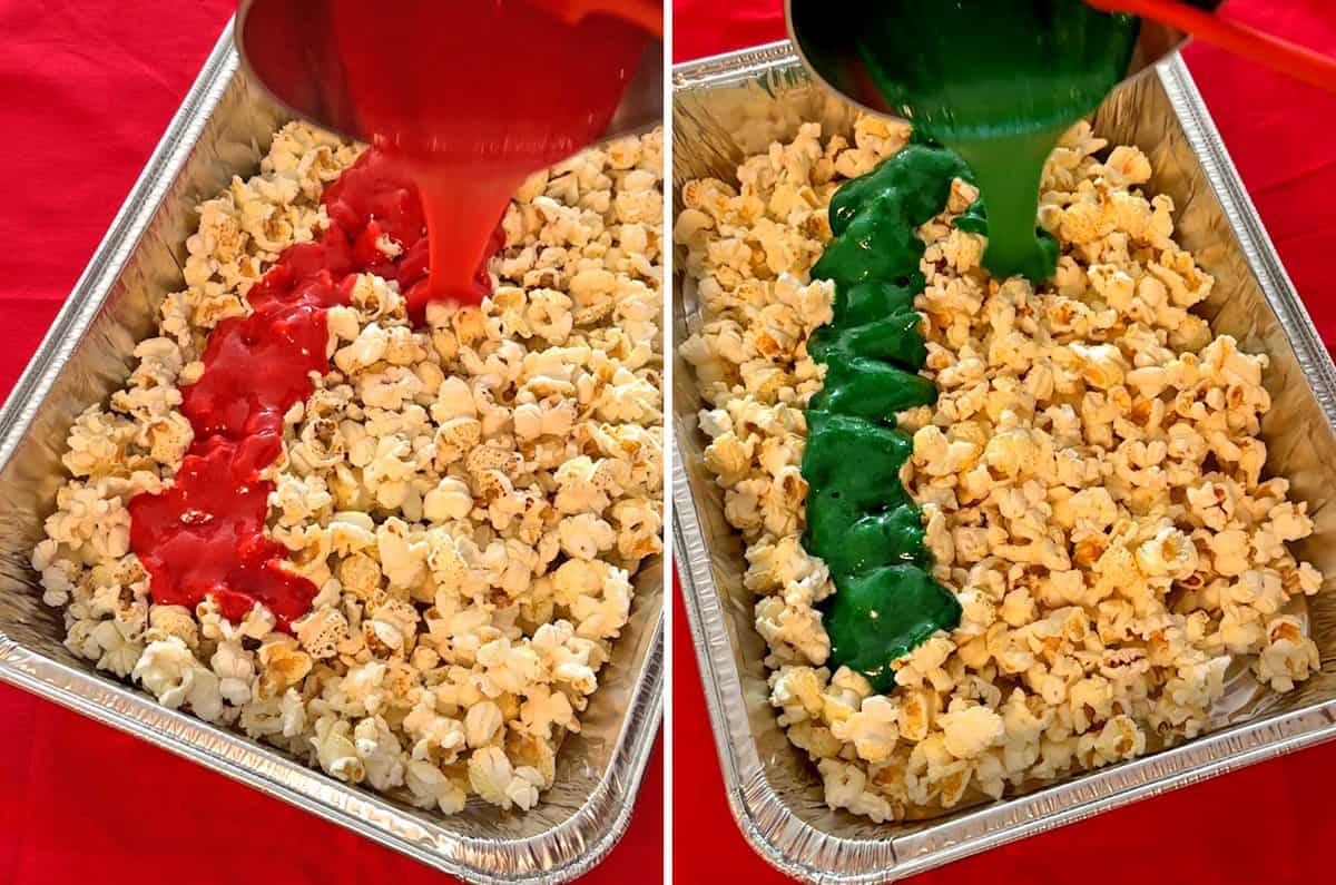 Pouring colored caramel onto popcorn in a large disposable aluminum roasting pan.