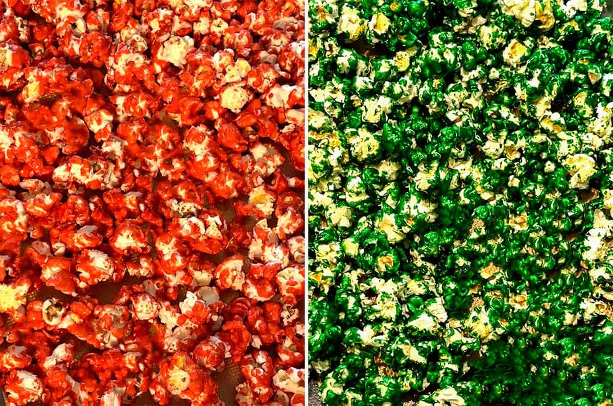 Red and green caramel corn ready for serving.