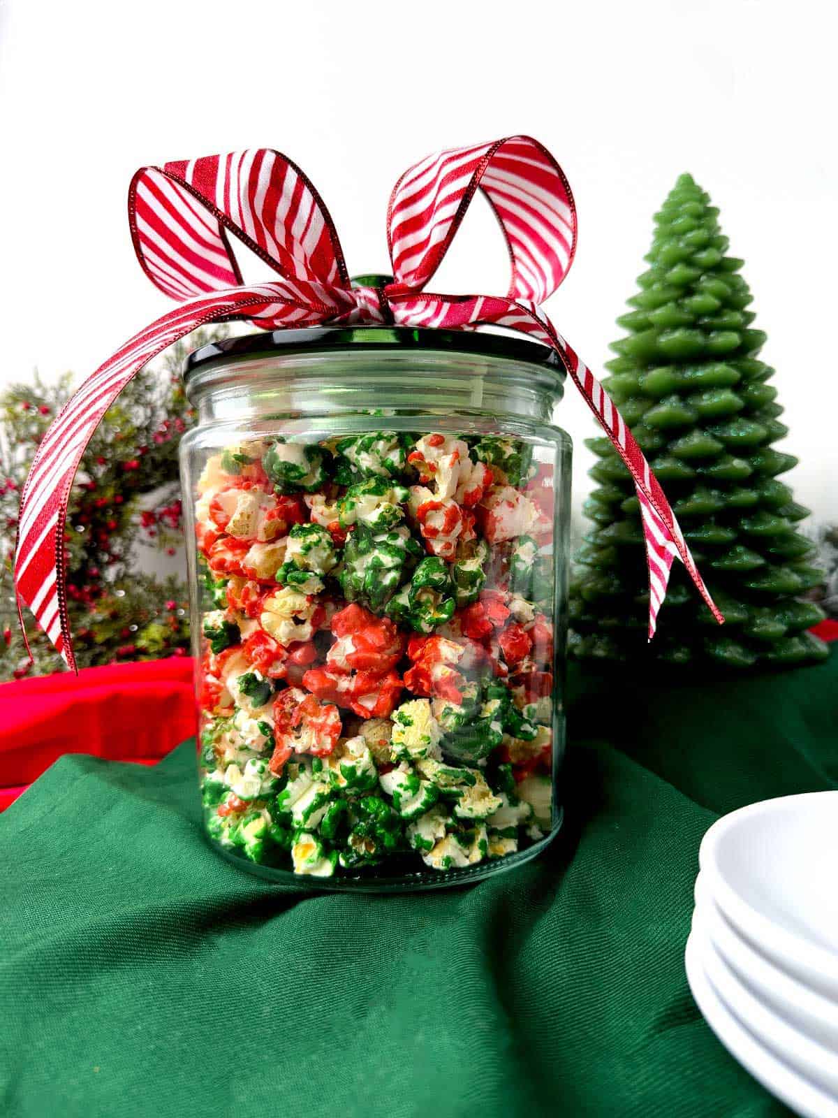 Festive red and green Christmas caramel corn.