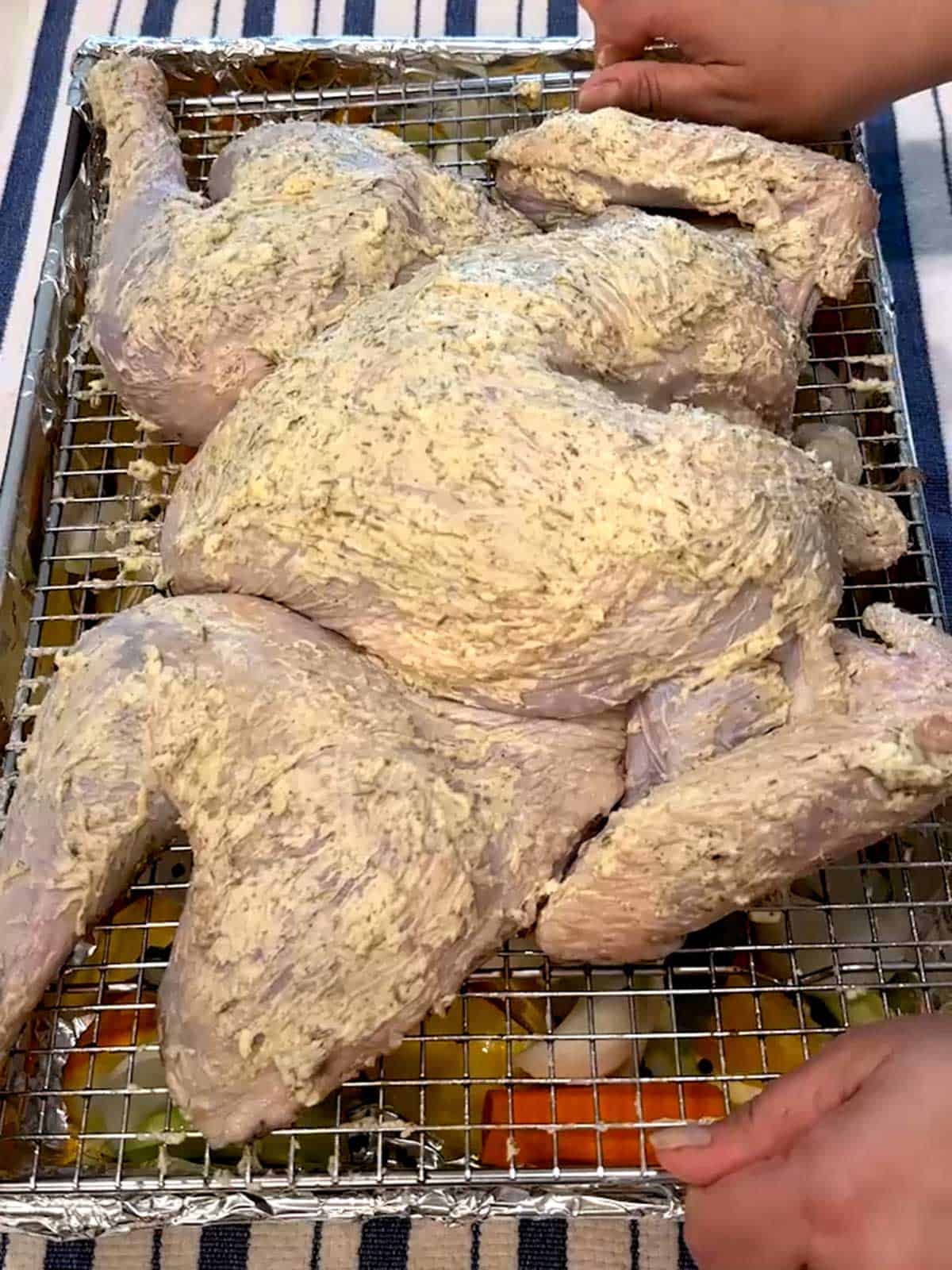 Placing turkey in roasting pan