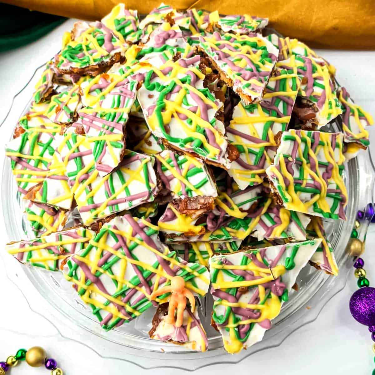 Mardi Gras Pretzel Bark.