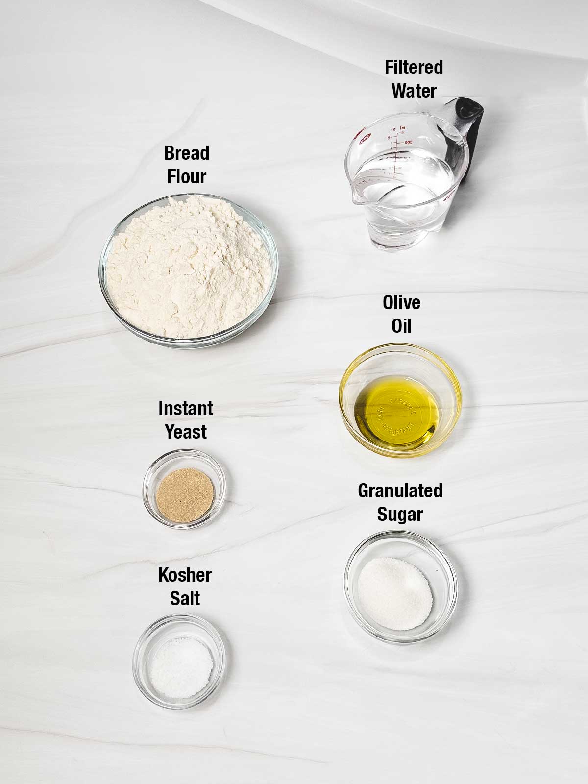 Ingredients for easy basic pizza dough.
