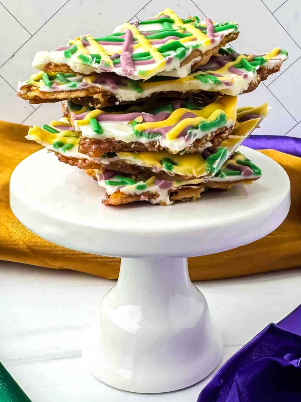 Easy King Cake Pretzel Bark.