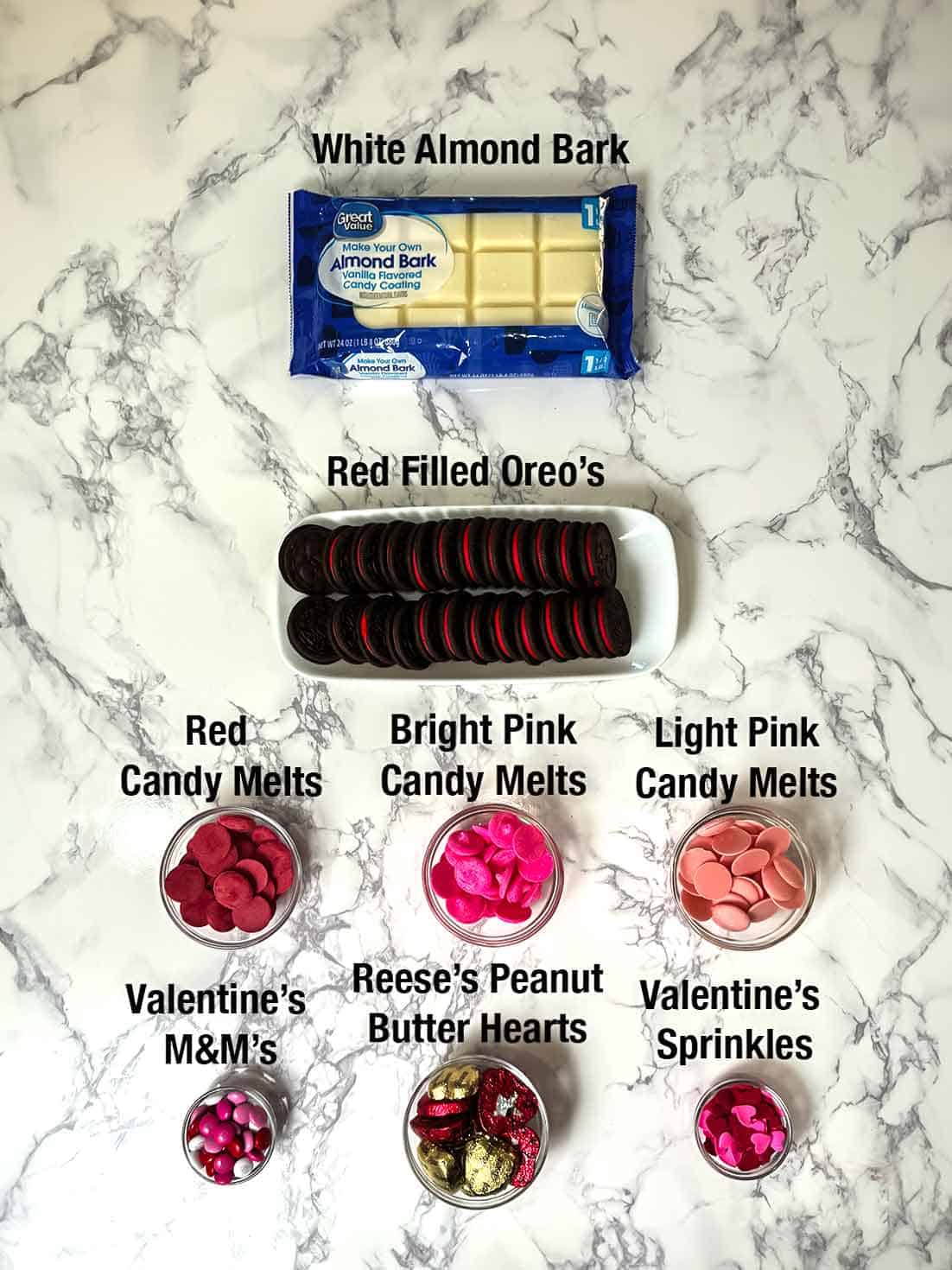 ingredients for Valentine's Day Oreo Candy Bark 