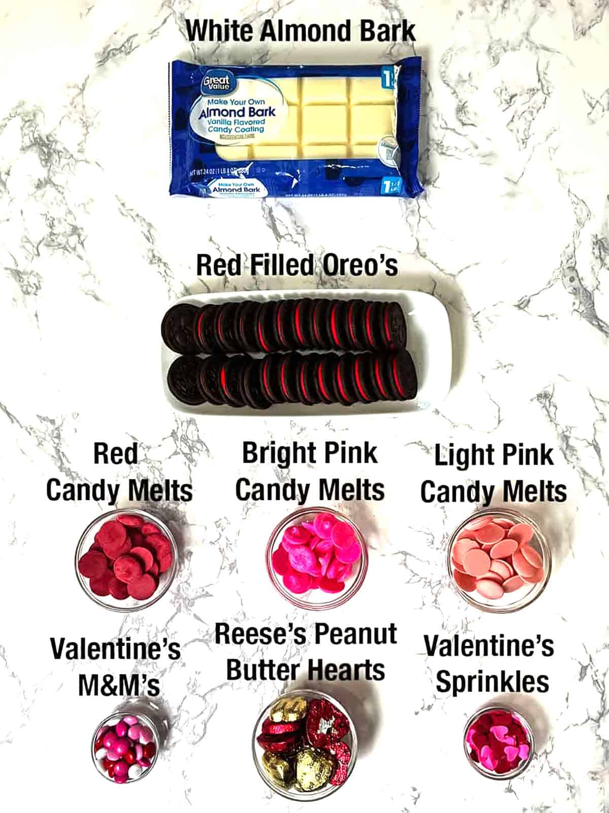 Ingredients for Valentine's Day Oreo Bark