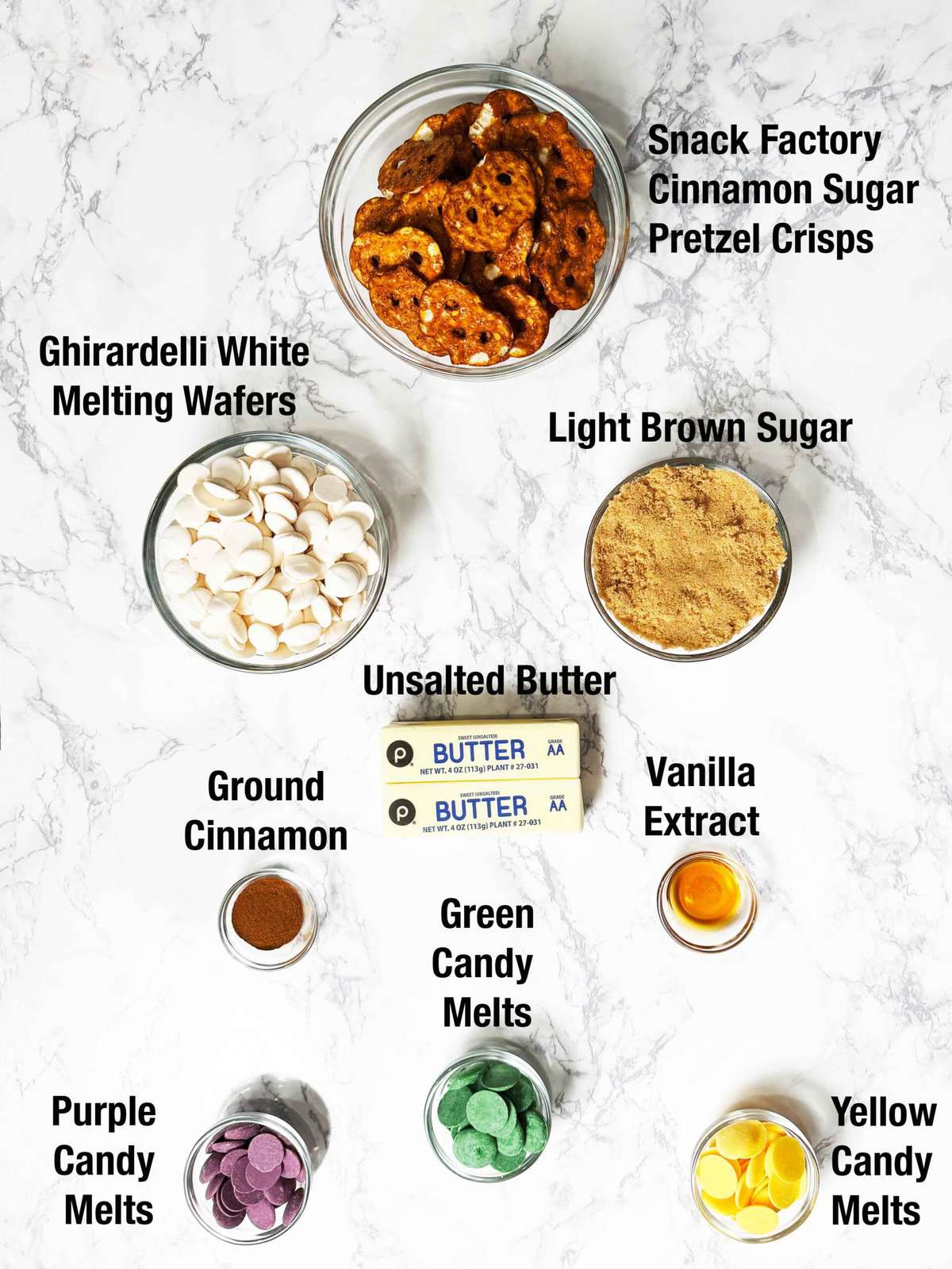 ingredients for king cake pretzel bark