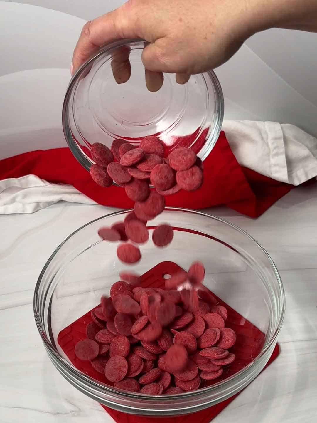 red candy melts in a bowl