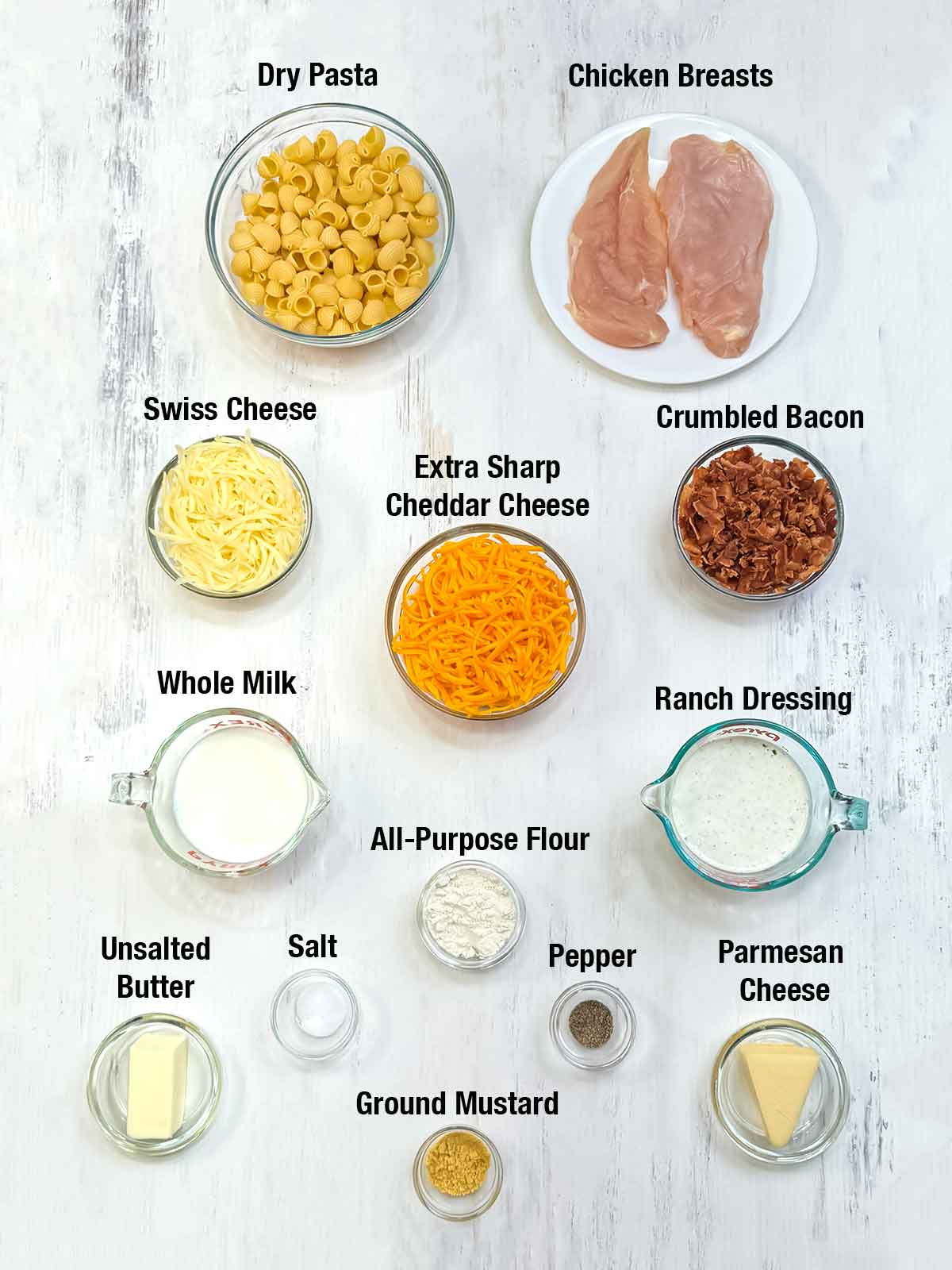 Ingredients for Chicken Bacon Ranch Mac & Cheese