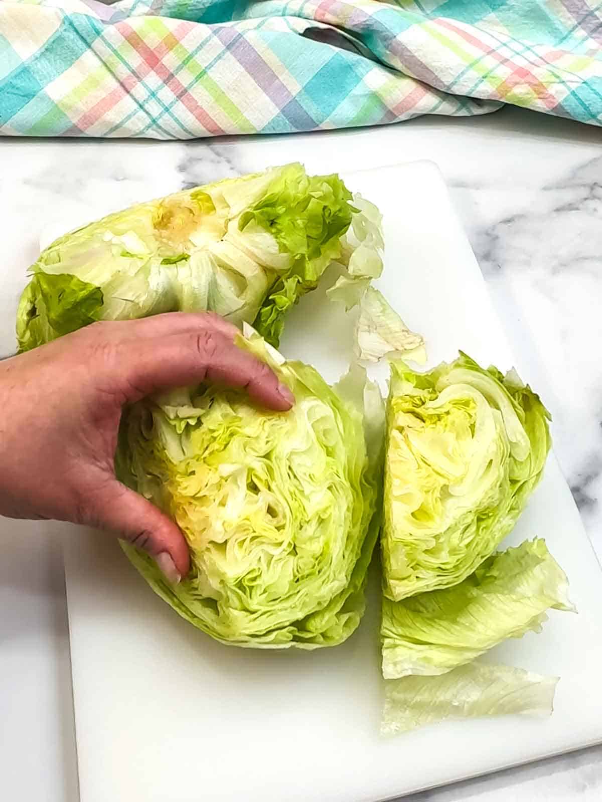 Cutting lettuce into quarters