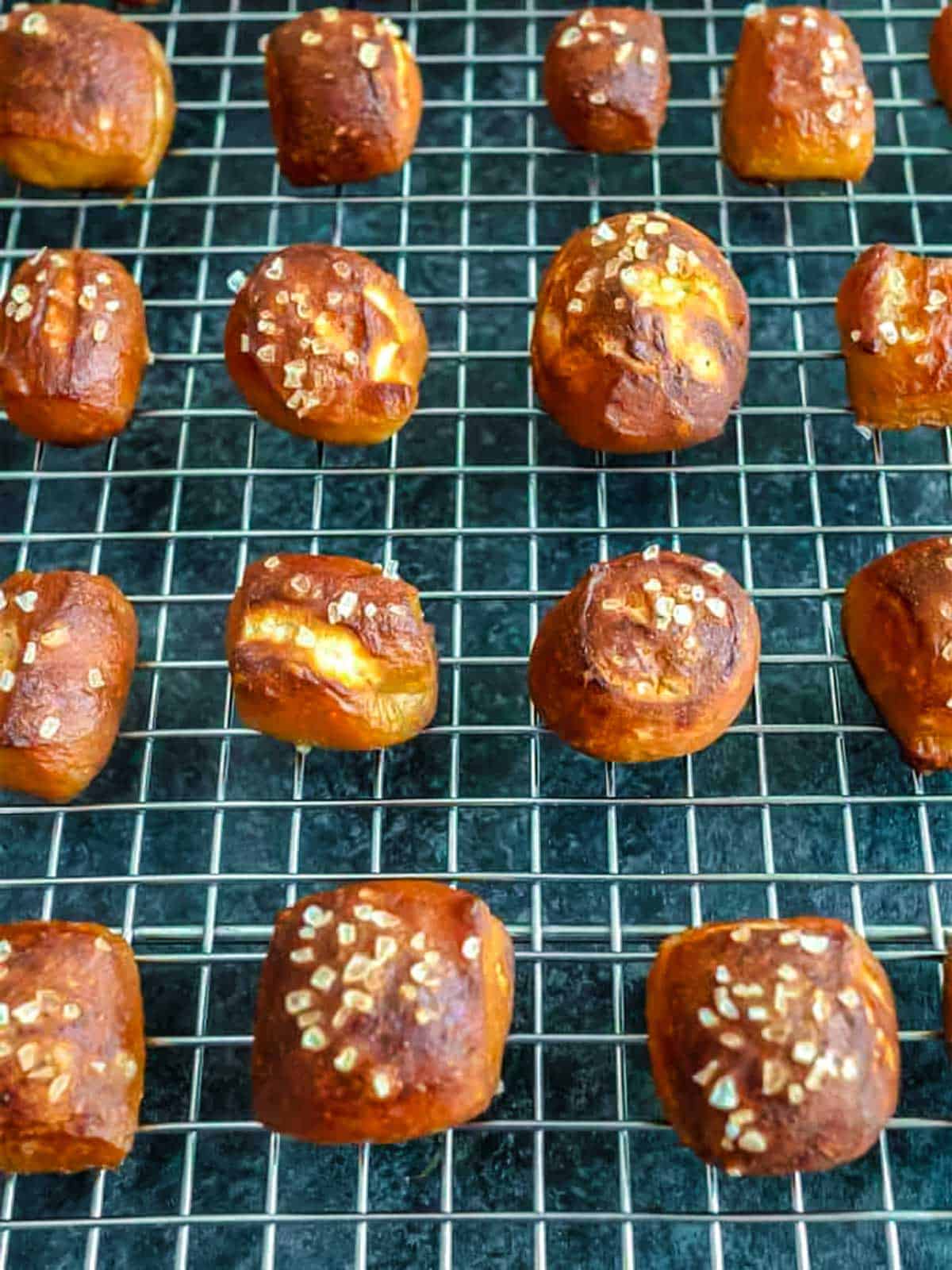 Cooling the pretzel bites on a wire rack.