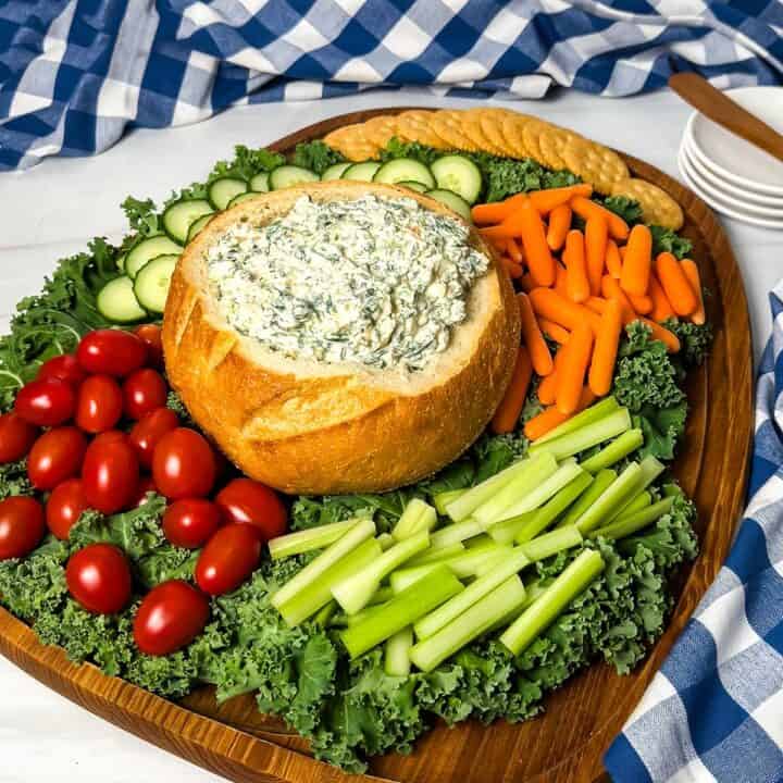 Easy spinach dip in a bread bowl.