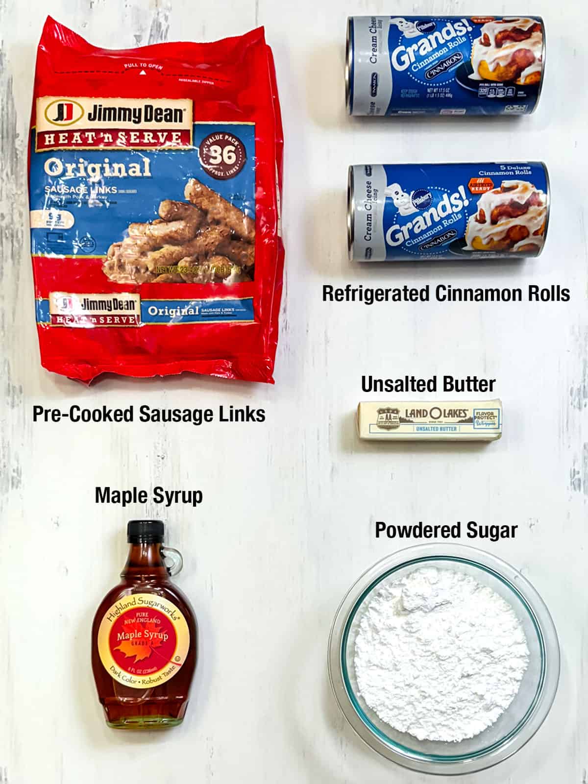 ingredients for cinnamon roll pigs in a blanket with maple glaze