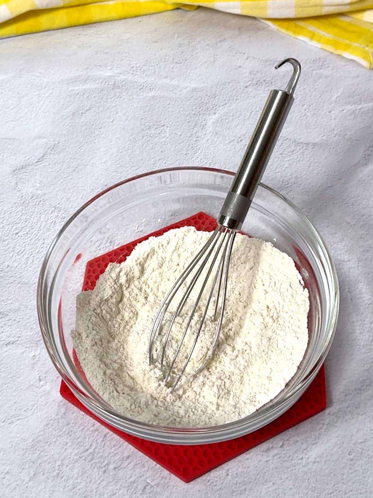 Flour, baking powder, and salt whisked together in a small bowl.