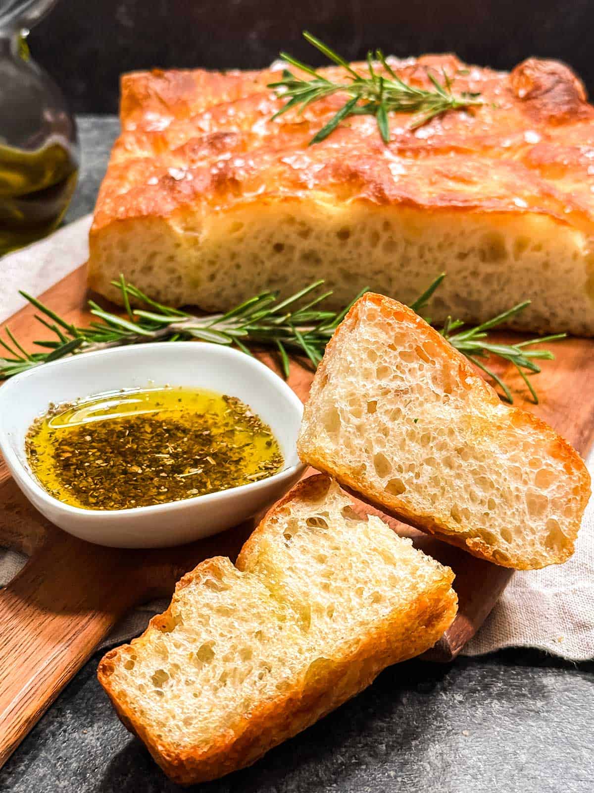 No-knead focaccia with dipping oil.