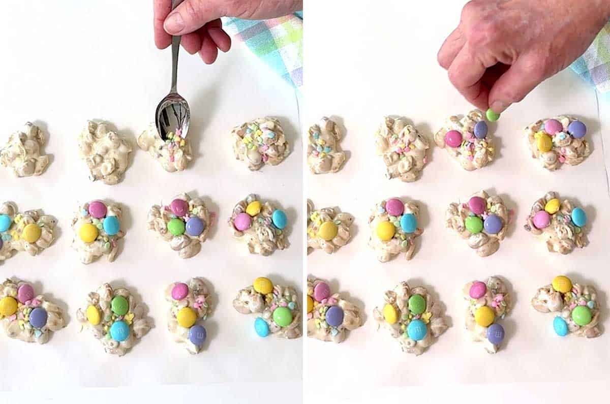 Decorating the Easter crockpot candy with sprinkles and pastel M&Ms.