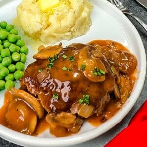 Salisbury steak with mushroom and onion gravy.