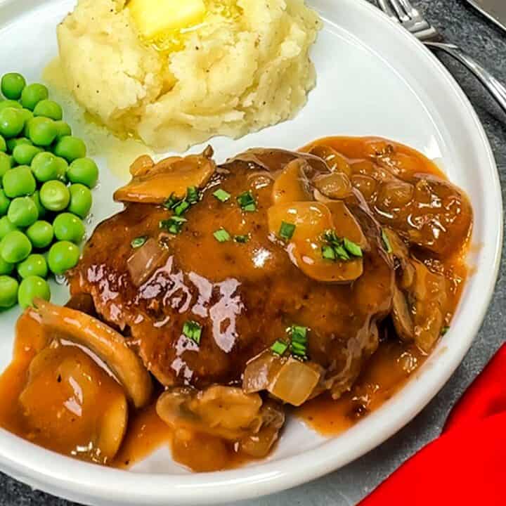 Salisbury steak with mushroom and onion gravy.