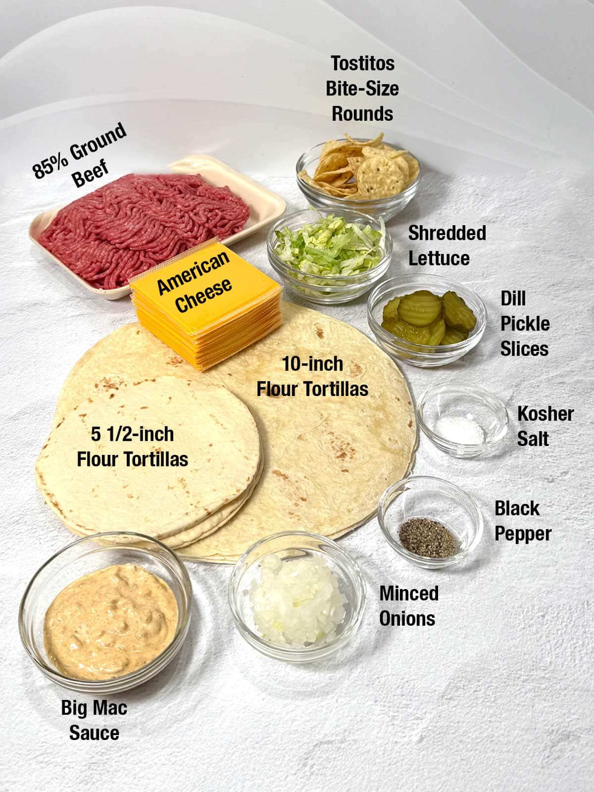Ingredients for Big Mac Crunchwrap.