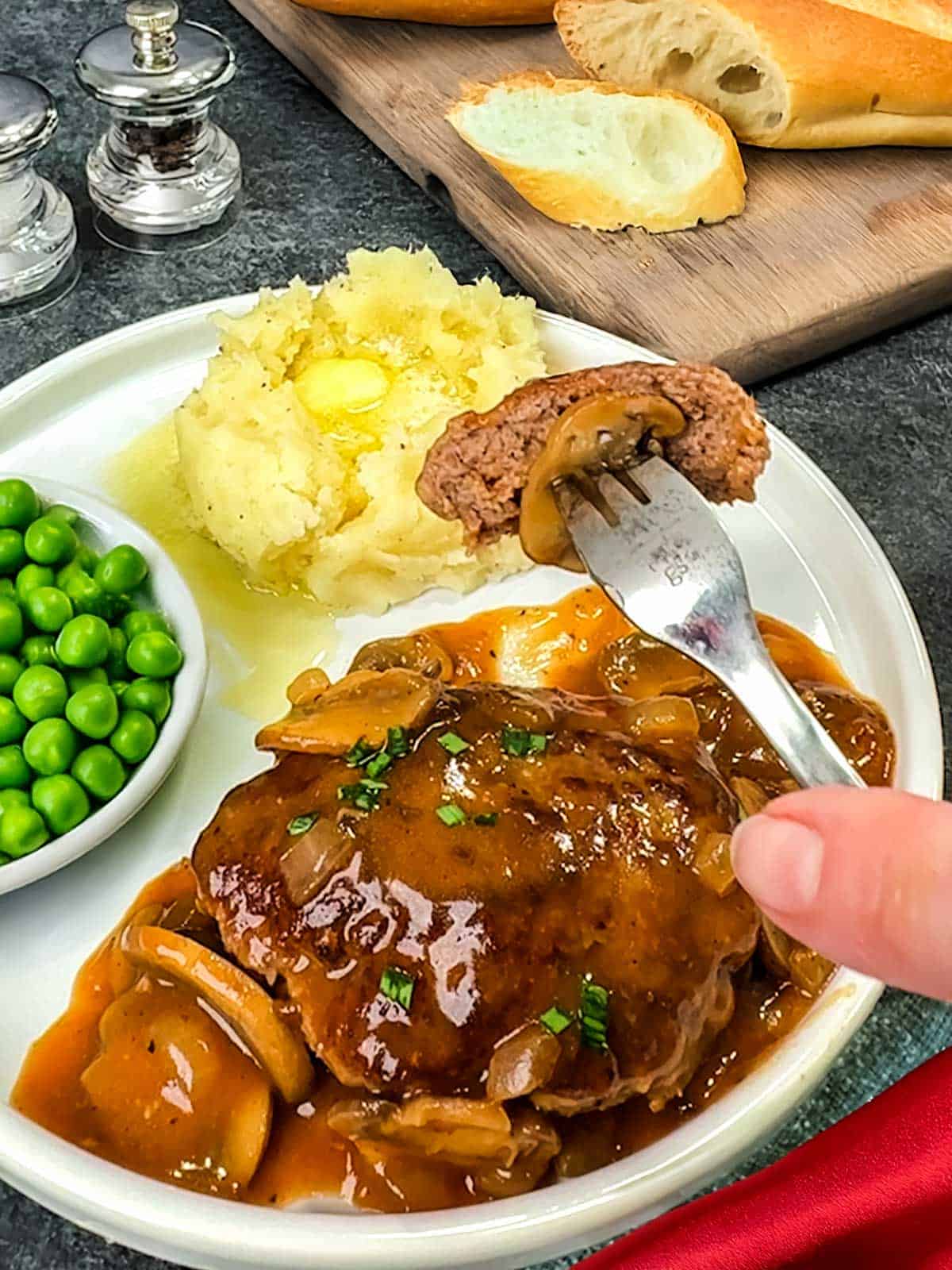 Salisbury steak with mushroom and onion gravy.