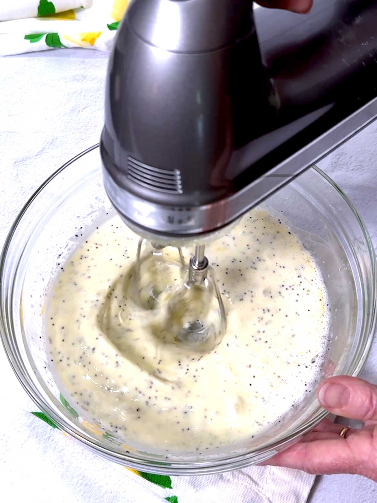 Beating the wet ingredients until smooth.