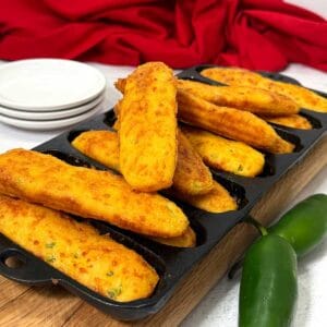 Crispy cheesy jalapeño cornbread sticks.