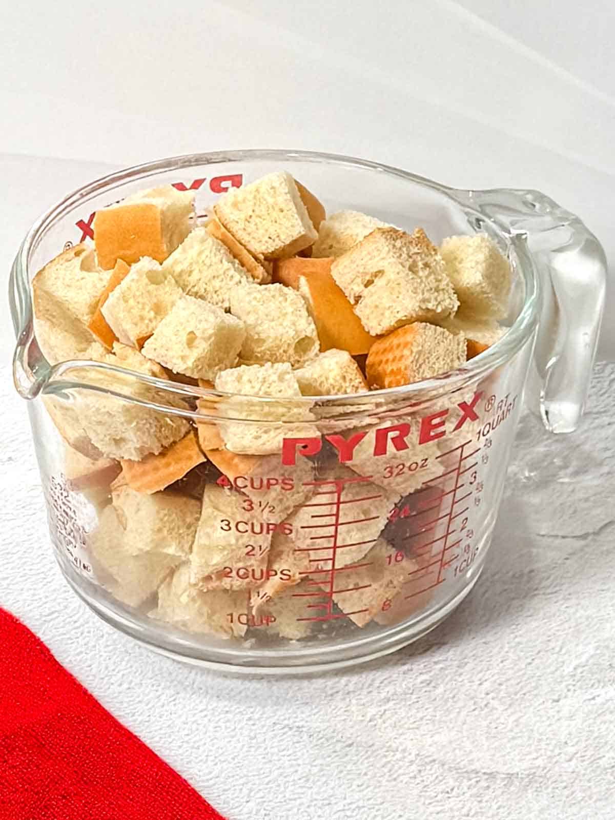 French bread cut into cubes.