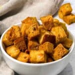 Crispy golden croutons in a bowl.