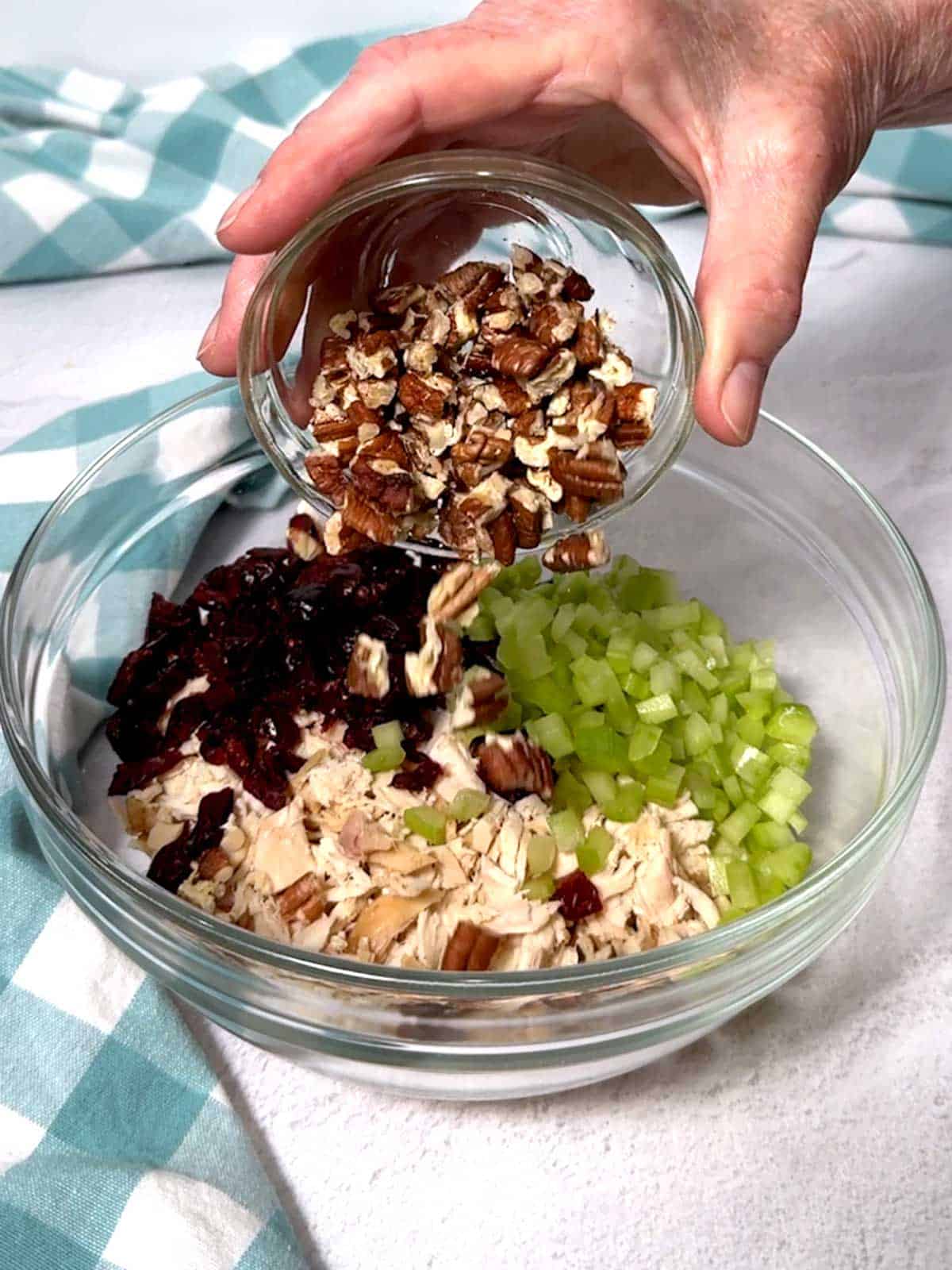 Adding toasted pecans to the chicken, Craisins and celery in a bowl.