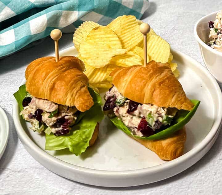 Chicken salad with Craisins, pecans, and celery.
