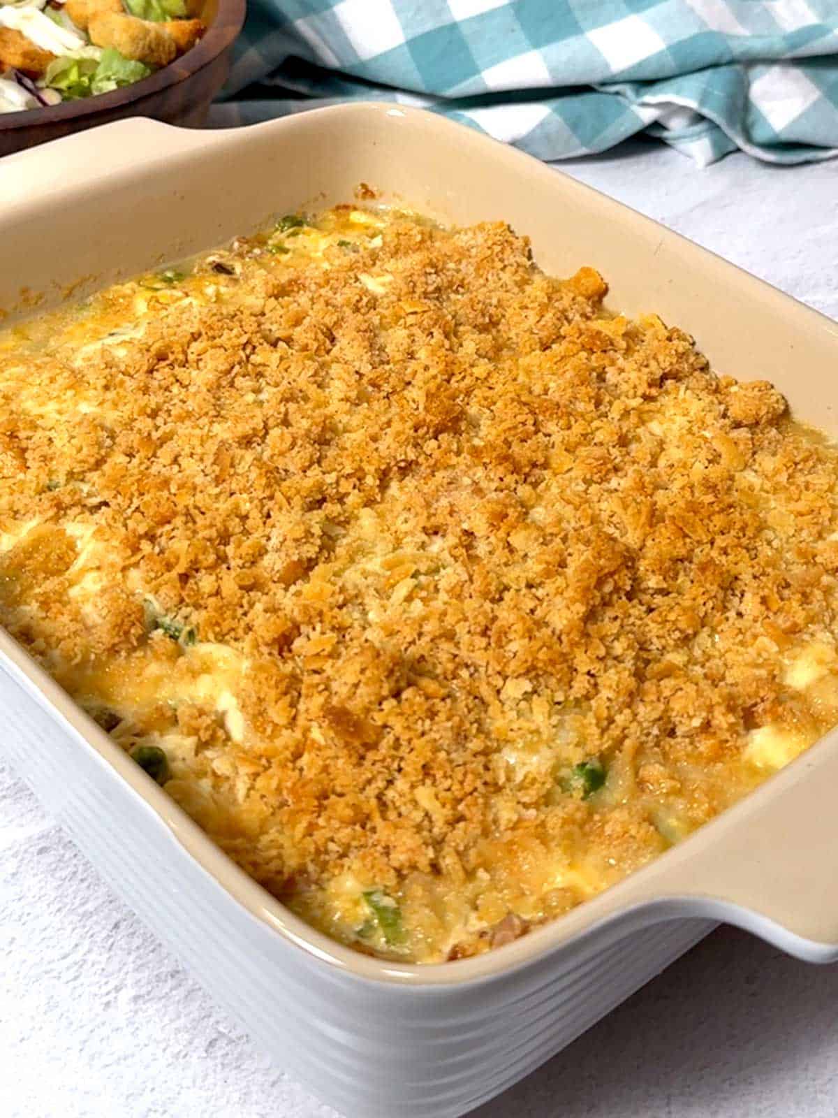 Neiman Marcus-Style Chicken Casserole out of the oven.