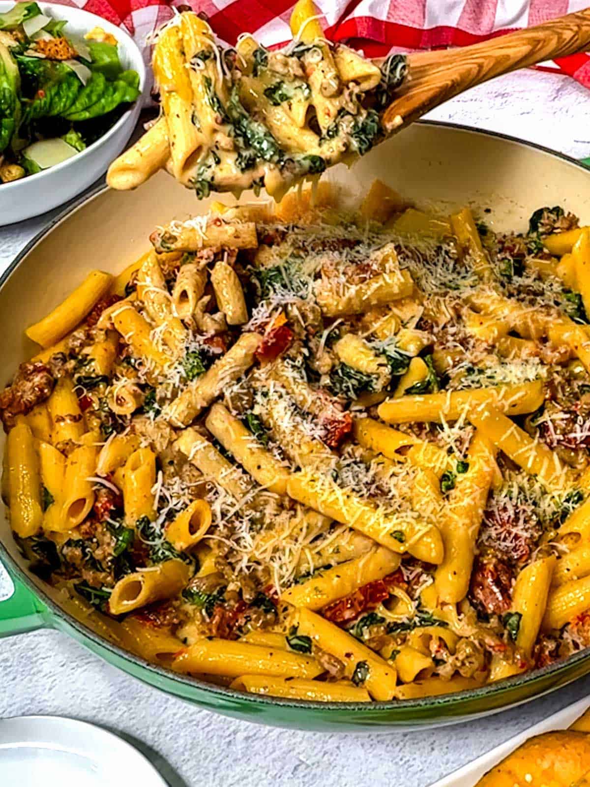 Serving the One-Pot Creamy Tuscan Italian Sausage Pasta