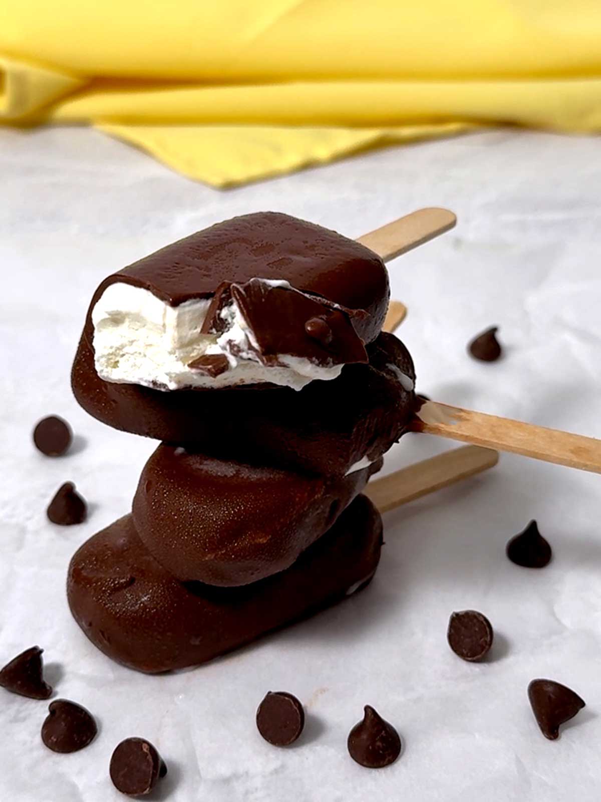 Bite taken out of ice cream bar.