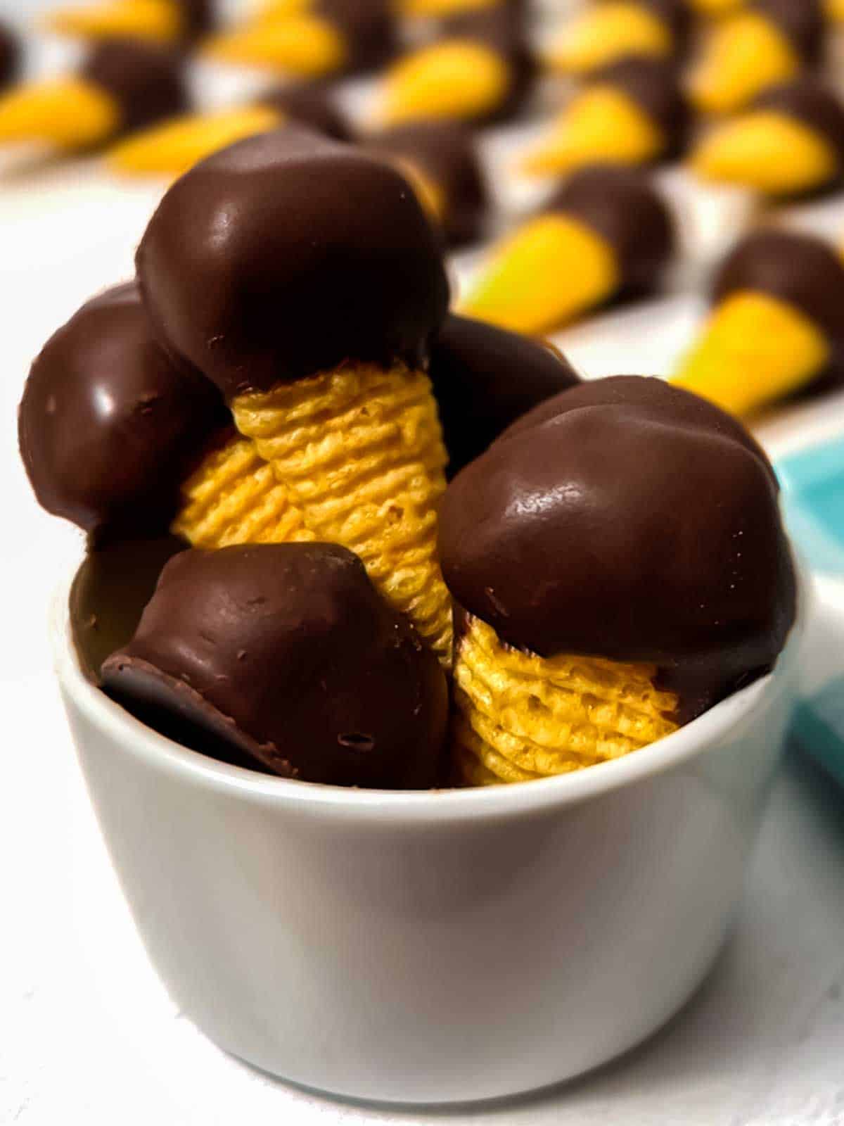 Chocolate-covered eddible cookie dough Bugles.