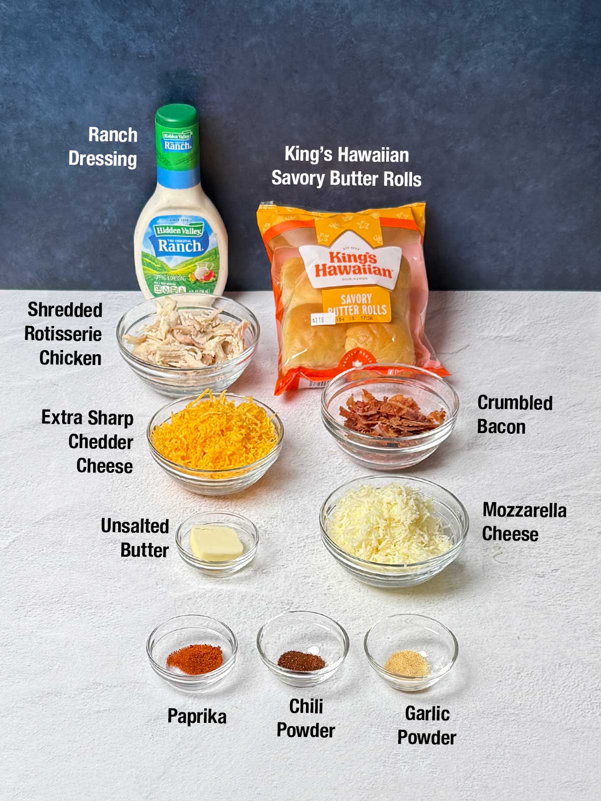 Ingredients for chicken bacon ranch sliders.
