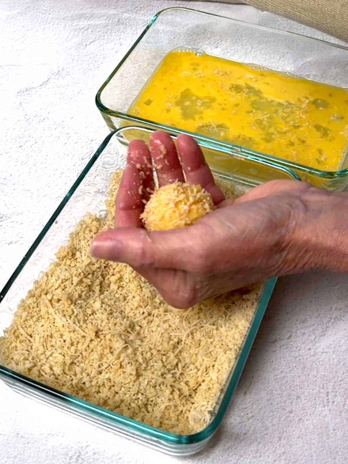 Cheese ball coated in Panko/Parmesan coating.