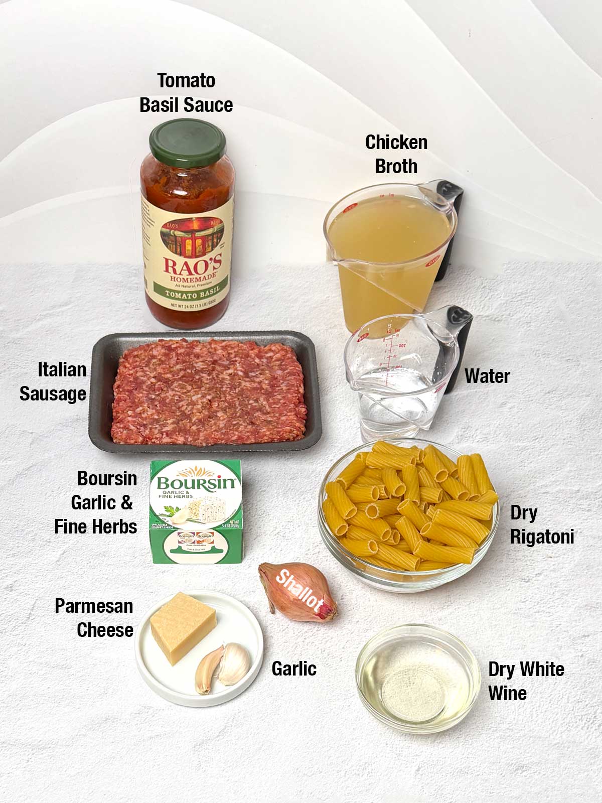 Ingredients for the creamy boursin sausage rigatoni.