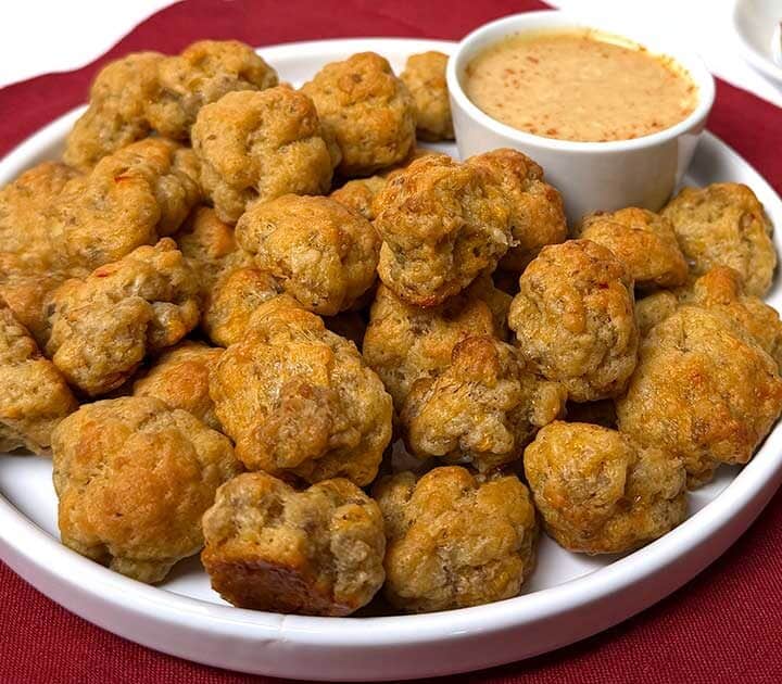 Three cheese sauaage balls with Maple Dijon dipping sauce.