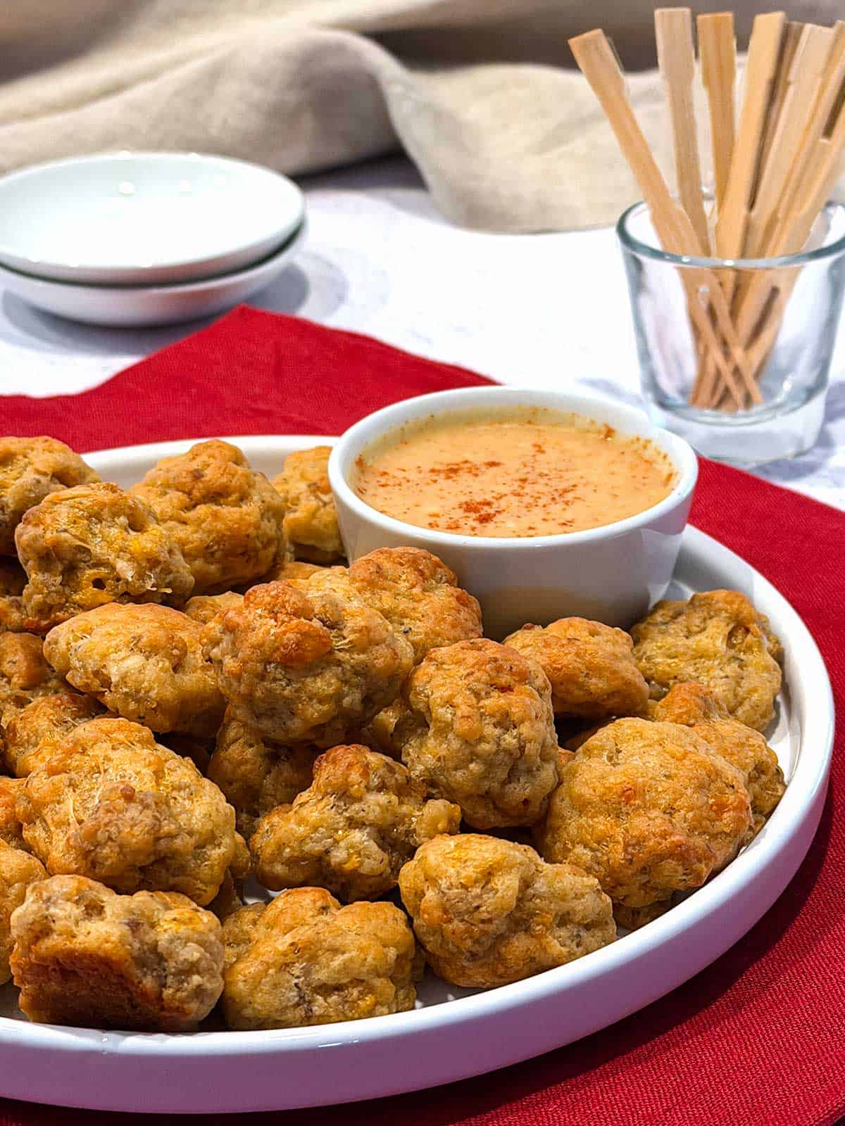 Sausage balls with Maple Dijon dipping sauce.