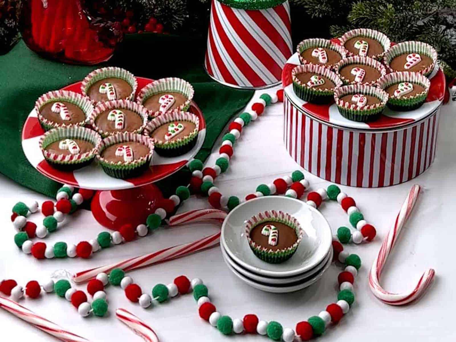 Chocolate peanut butter meltaway squares on a serving plate