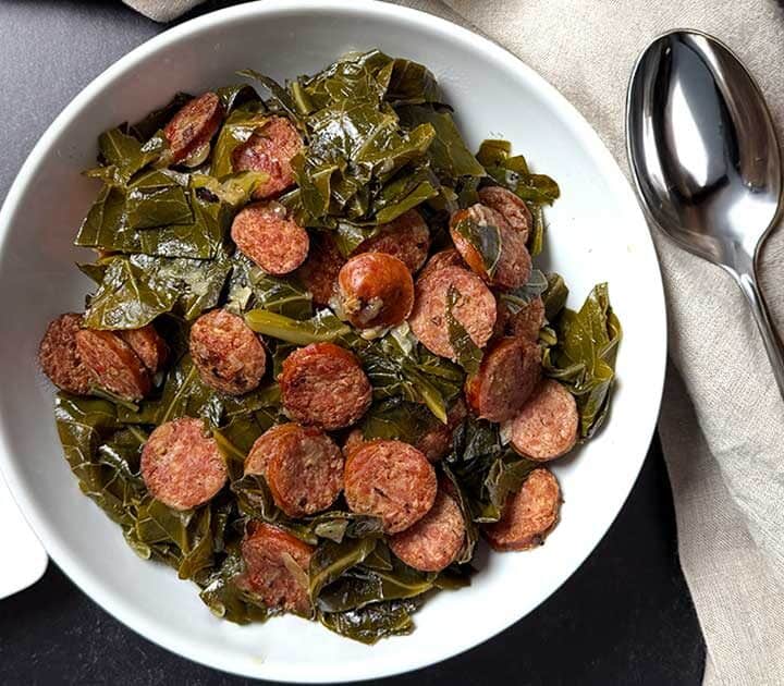 Southern collard greens with smoked sausage.