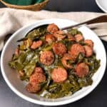 Southern collard greens with smoked sausage.