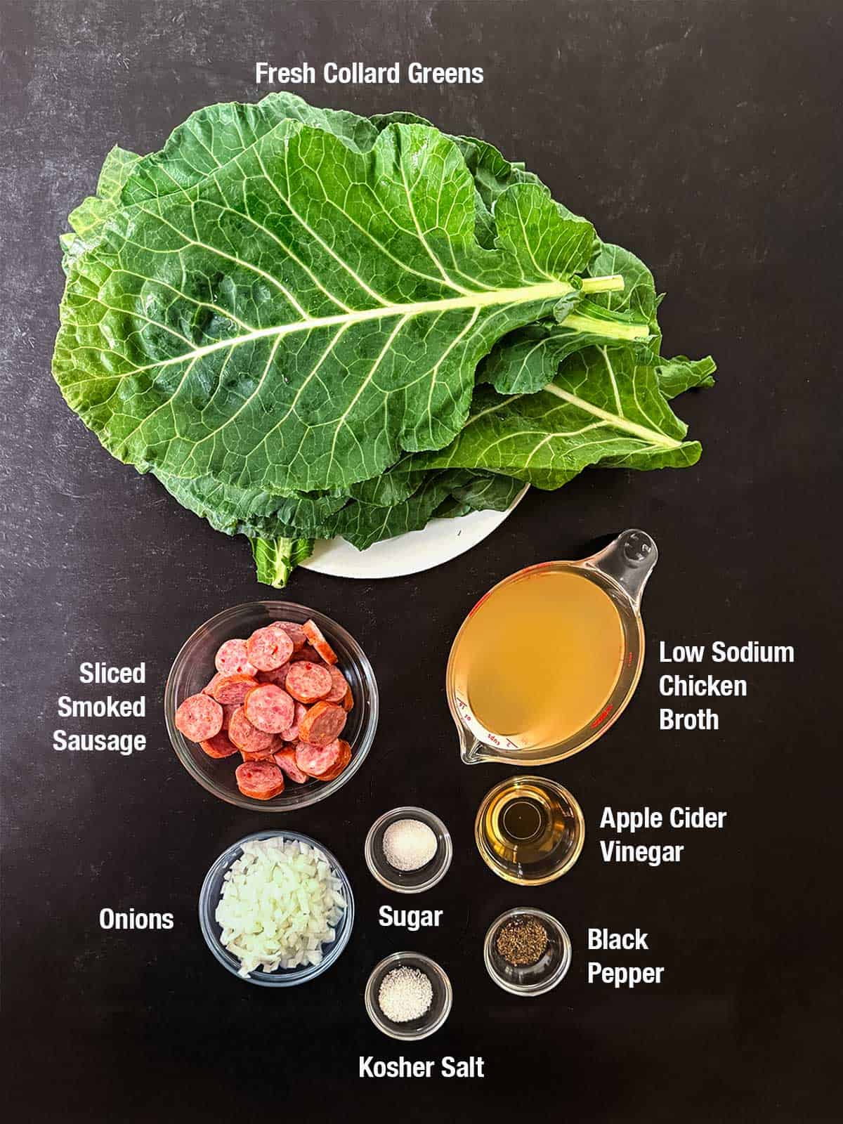Ingredients for Collard Greens with Smoked Sausage.